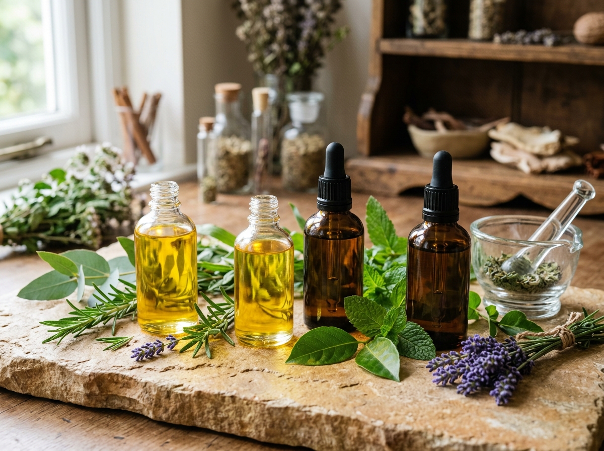 Pure botanical essential oils in amber apothecary glass bottles
