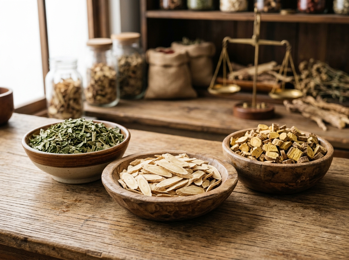 Cleaned herbal raw materials and dried root slices in craft bowls