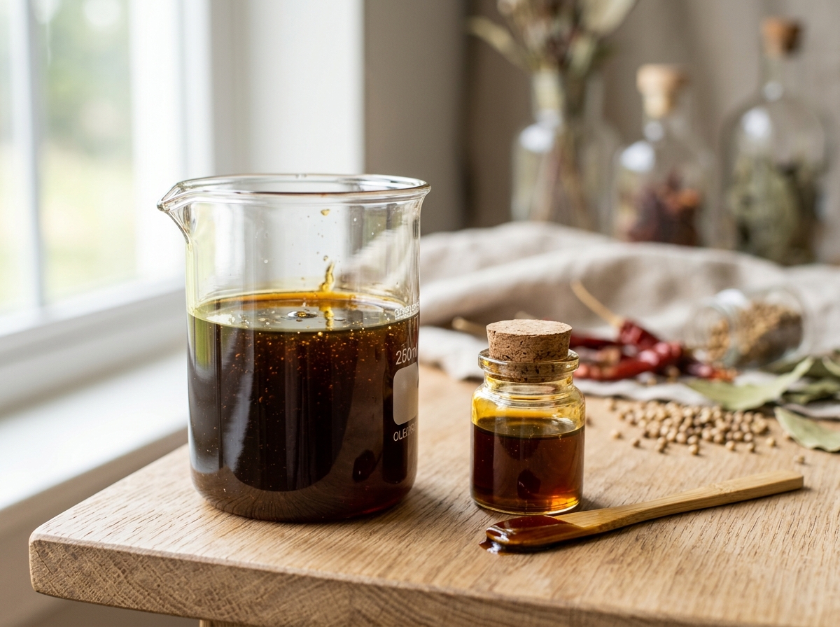 Concentrated botanical oleoresin extract in laboratory glassware