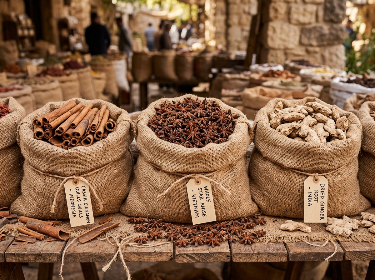 Authentic origin spices including star anise, cassia quills, and dried ginger